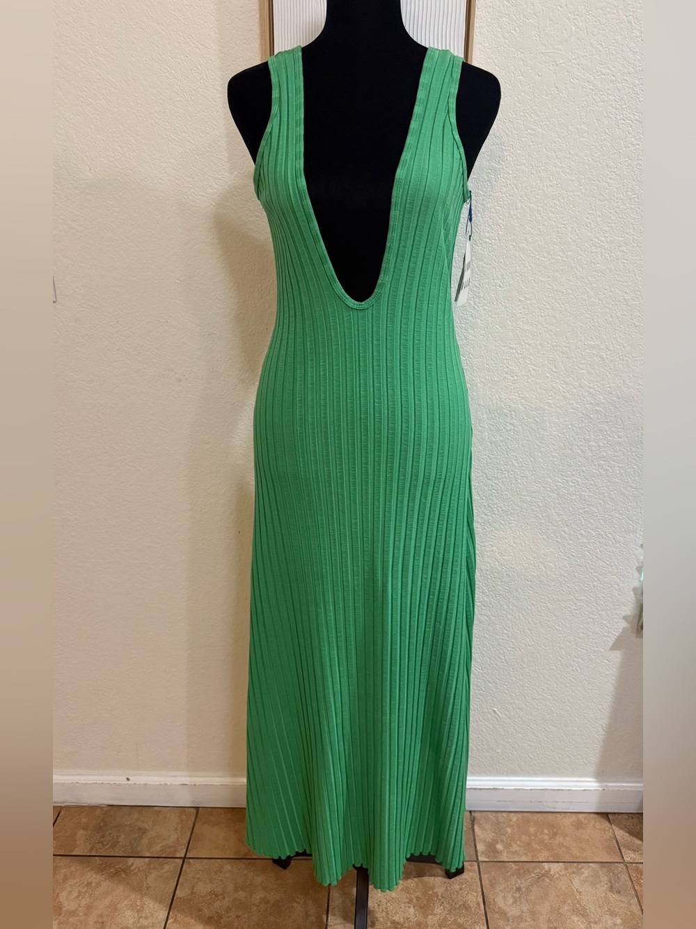 Simon Miller Green Ribbed Deep V-Neck Maxi Dress